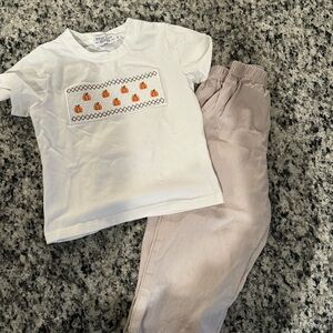 White Pumpkin smocked T-Shirt and Tan Pants Set
